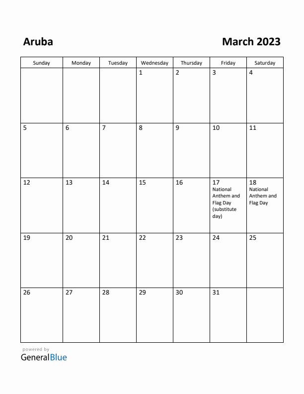 March 2023 Calendar with Aruba Holidays