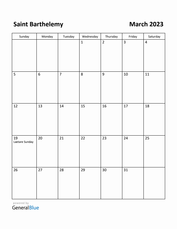March 2023 Calendar with Saint Barthelemy Holidays