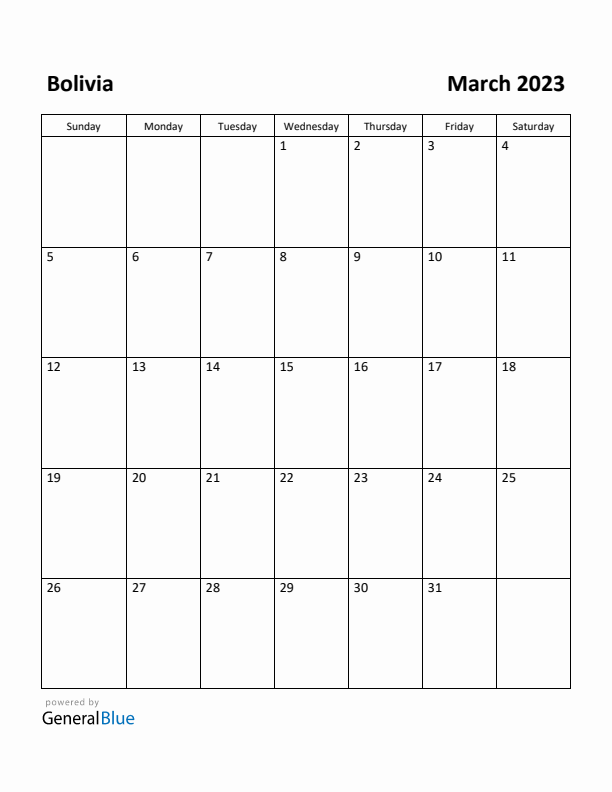 March 2023 Calendar with Bolivia Holidays