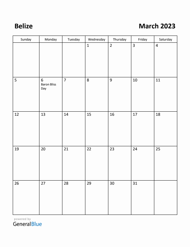 March 2023 Calendar with Belize Holidays