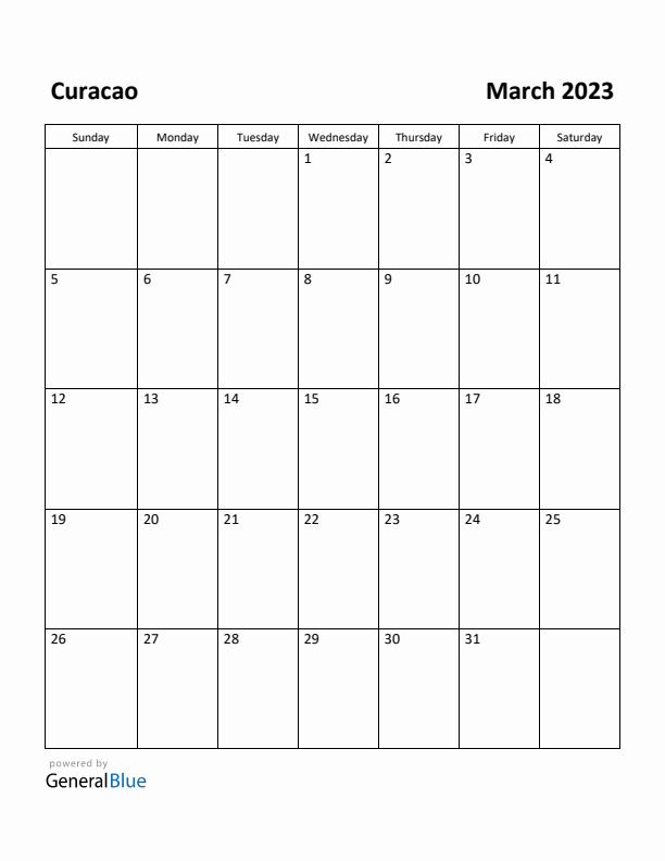 March 2023 Calendar with Curacao Holidays