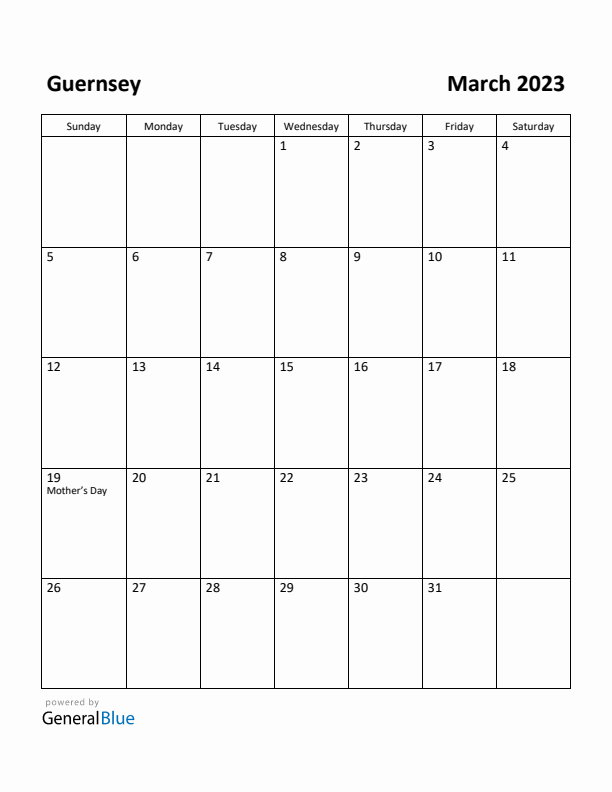 March 2023 Calendar with Guernsey Holidays