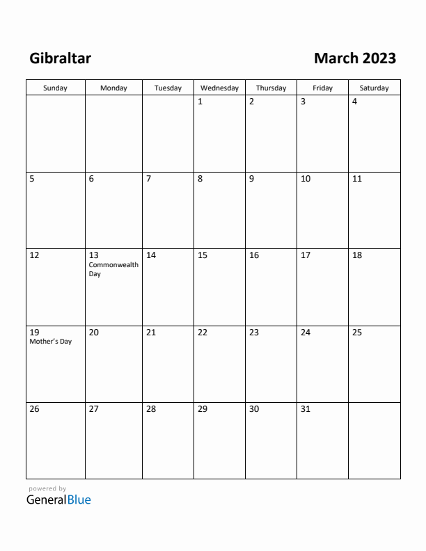 March 2023 Calendar with Gibraltar Holidays