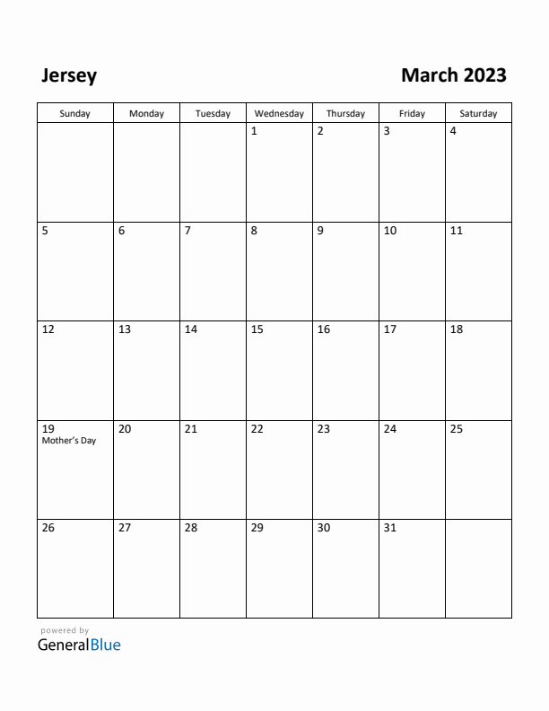 March 2023 Calendar with Jersey Holidays