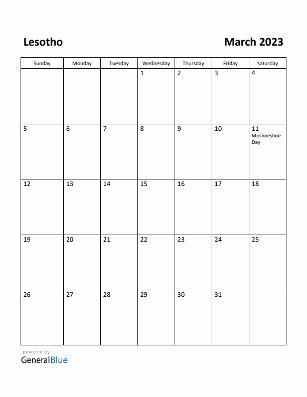 March 2023 Calendar with Lesotho Holidays