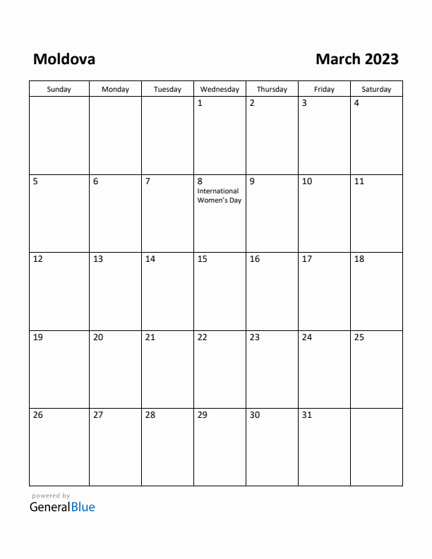 March 2023 Calendar with Moldova Holidays