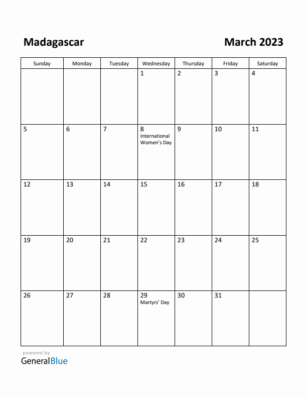 March 2023 Calendar with Madagascar Holidays