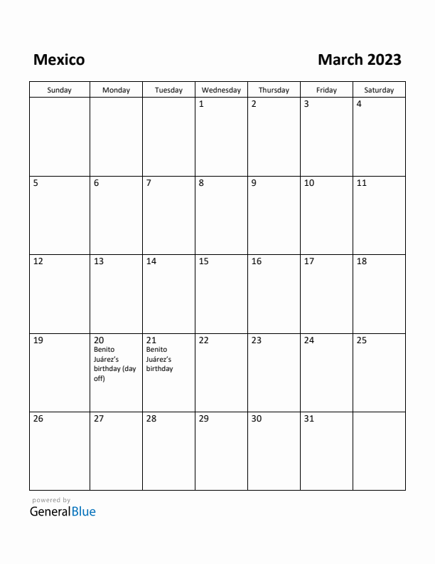 March 2023 Calendar with Mexico Holidays