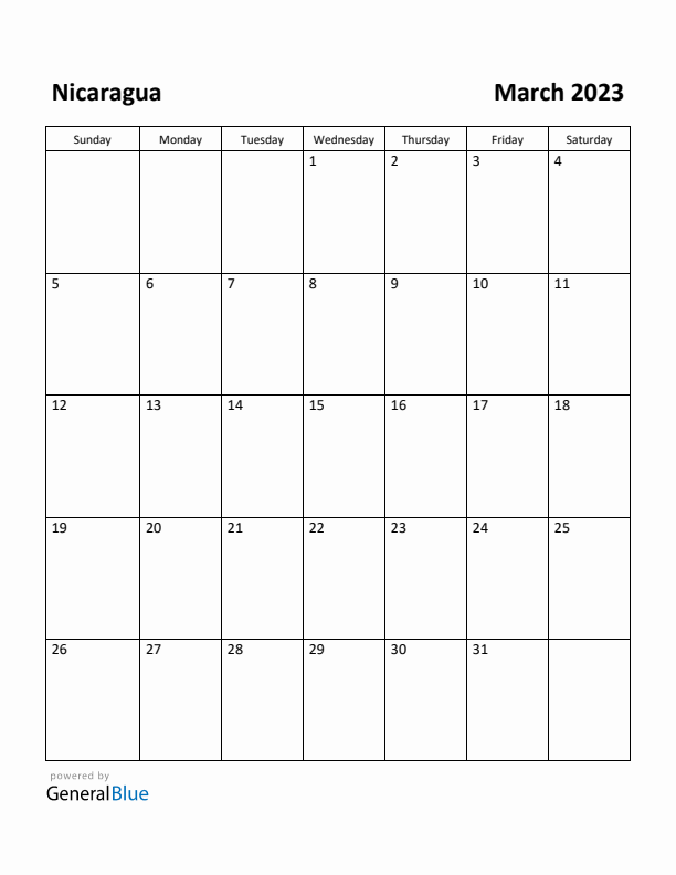 March 2023 Calendar with Nicaragua Holidays