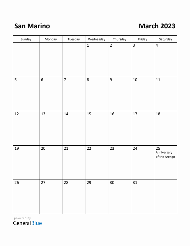 March 2023 Calendar with San Marino Holidays