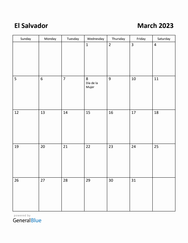 March 2023 Calendar with El Salvador Holidays