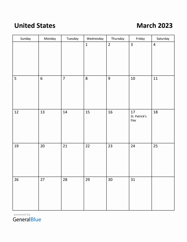 March 2023 Calendar with United States Holidays