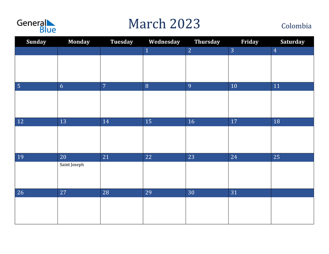 March 2023 Colombia Calendar