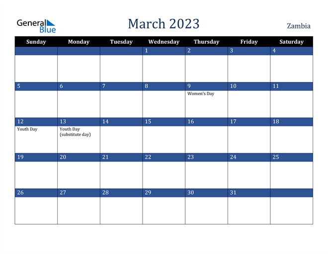 March 2023 Calendar with Zambia Holidays