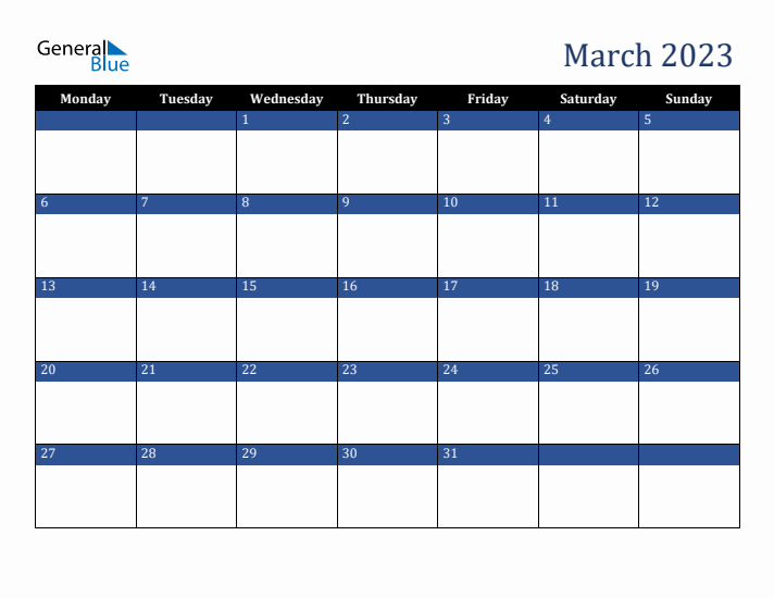 Monday Start Calendar for March 2023
