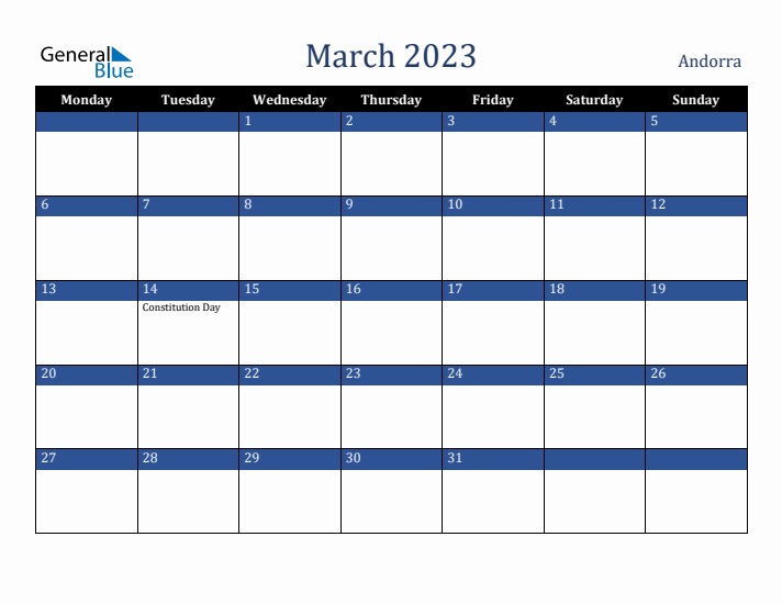 March 2023 Andorra Calendar (Monday Start)