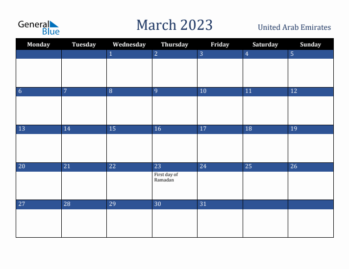 March 2023 United Arab Emirates Calendar (Monday Start)