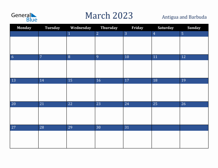 March 2023 Antigua and Barbuda Calendar (Monday Start)