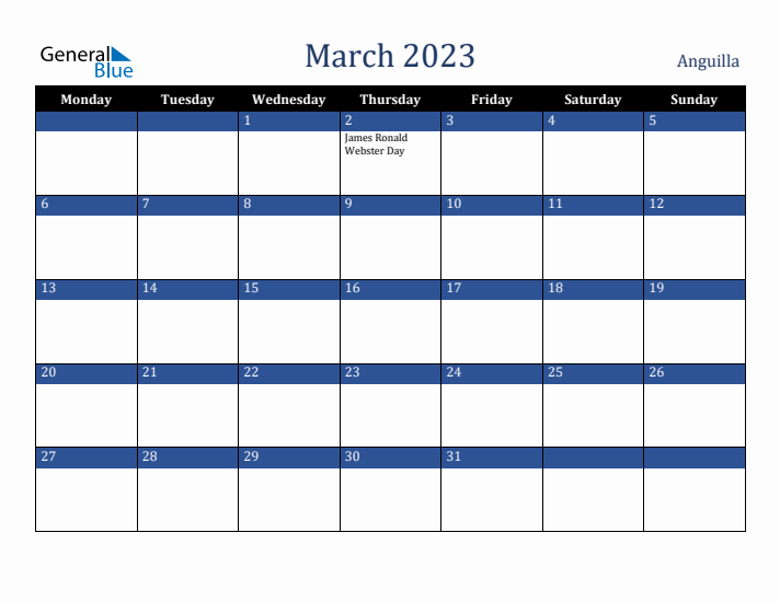 March 2023 Anguilla Calendar (Monday Start)