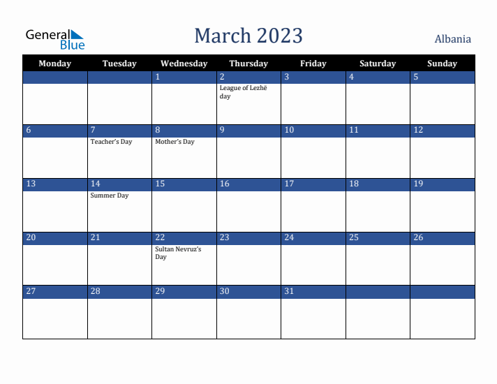 March 2023 Albania Calendar (Monday Start)
