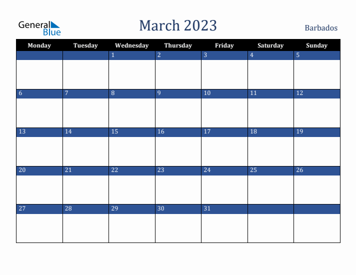 March 2023 Barbados Calendar (Monday Start)