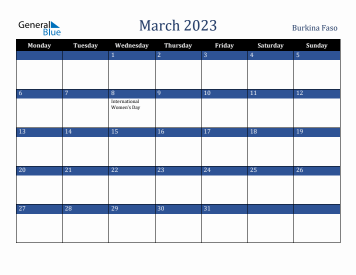 March 2023 Burkina Faso Calendar (Monday Start)