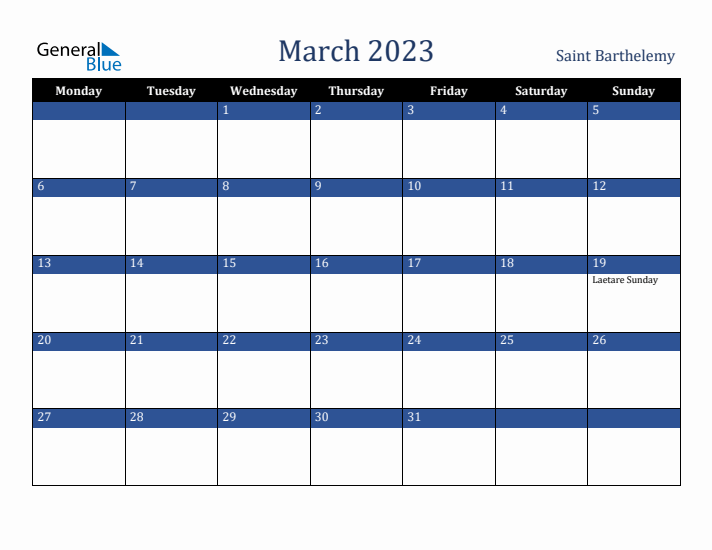 March 2023 Saint Barthelemy Calendar (Monday Start)