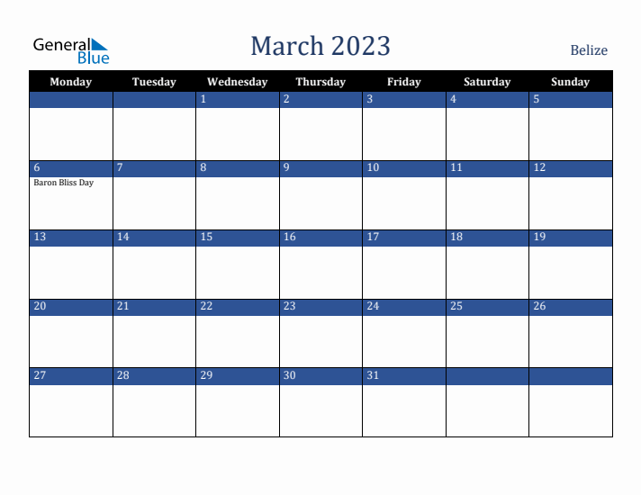 March 2023 Belize Calendar (Monday Start)