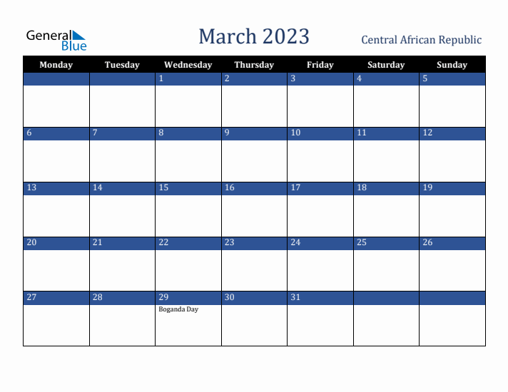 March 2023 Central African Republic Calendar (Monday Start)
