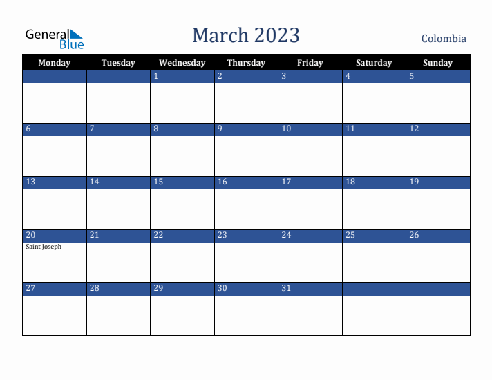 March 2023 Colombia Calendar (Monday Start)