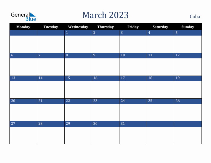March 2023 Cuba Calendar (Monday Start)
