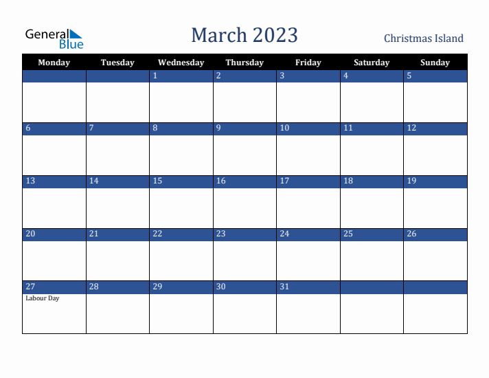 March 2023 Christmas Island Calendar (Monday Start)