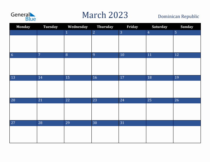 March 2023 Dominican Republic Calendar (Monday Start)