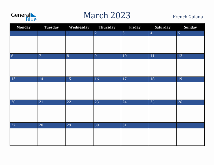 March 2023 French Guiana Calendar (Monday Start)