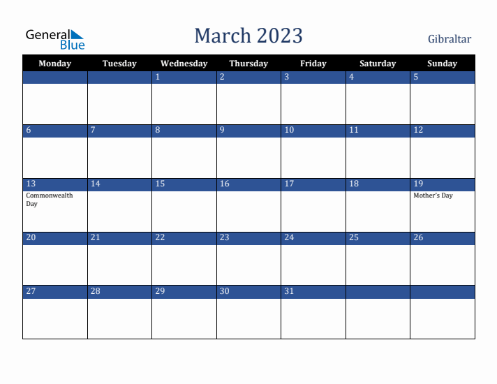 March 2023 Gibraltar Calendar (Monday Start)