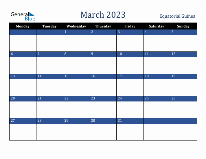 March 2023 Equatorial Guinea Calendar (Monday Start)