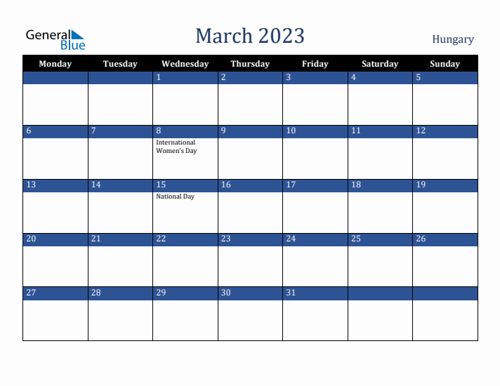 March 2023 Hungary Calendar (Monday Start)