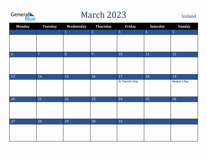 March 2023 Ireland Calendar (Monday Start)