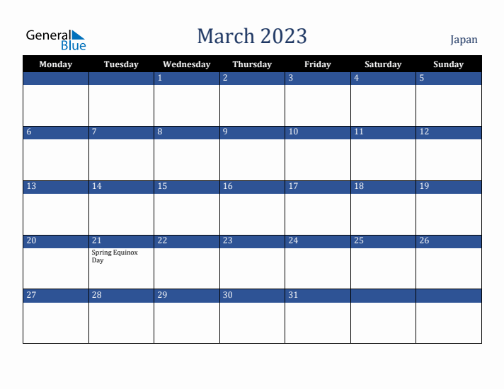 March 2023 Japan Calendar (Monday Start)