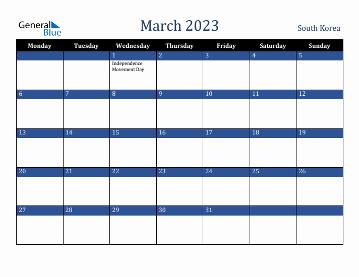 March 2023 South Korea Calendar (Monday Start)