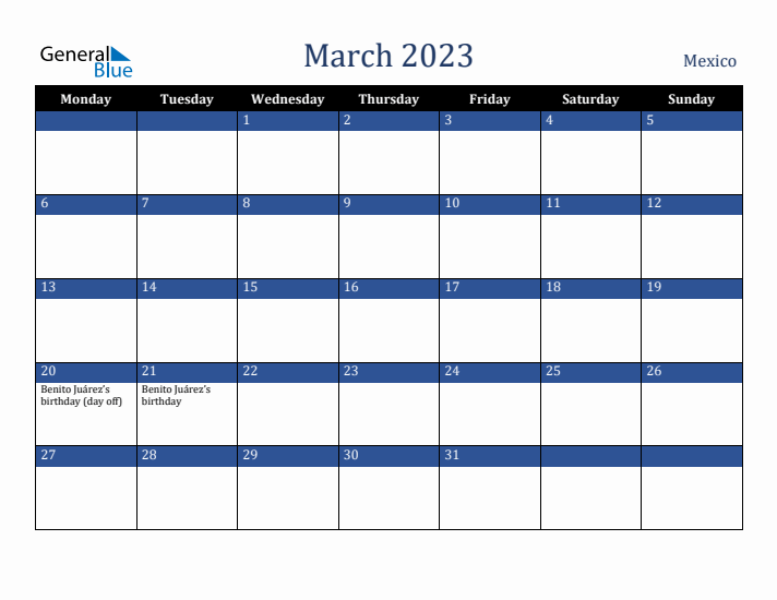 March 2023 Mexico Calendar (Monday Start)