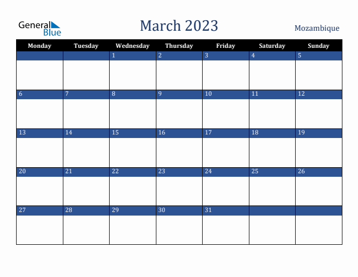 March 2023 Mozambique Calendar (Monday Start)