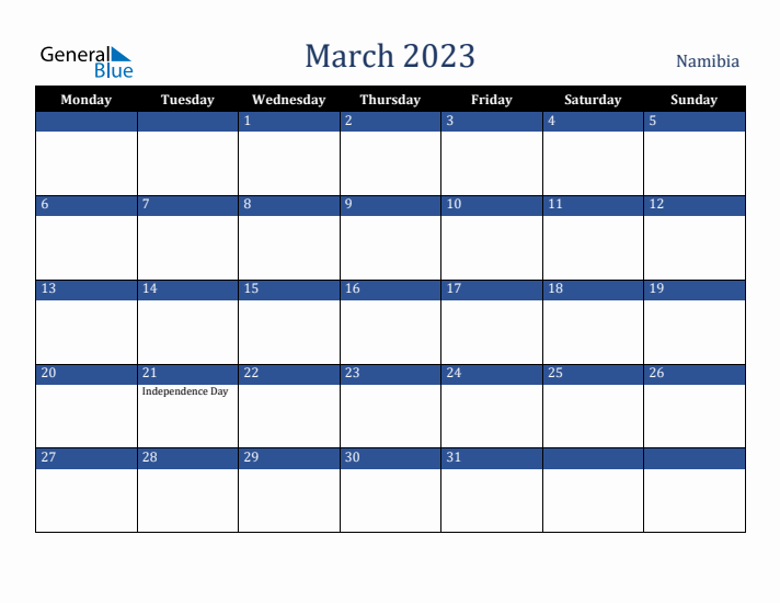 March 2023 Namibia Calendar (Monday Start)