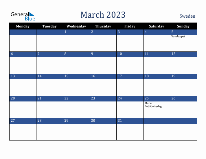 March 2023 Sweden Calendar (Monday Start)