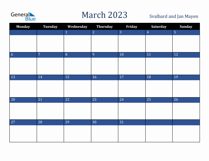 March 2023 Svalbard and Jan Mayen Calendar (Monday Start)