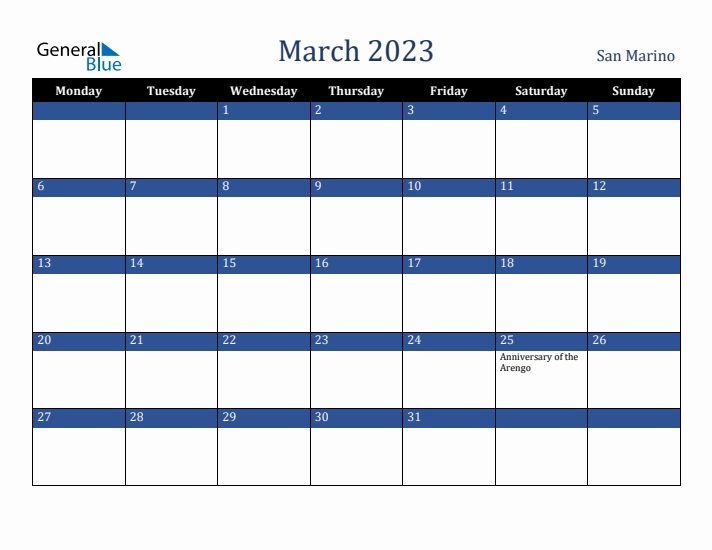 March 2023 San Marino Calendar (Monday Start)