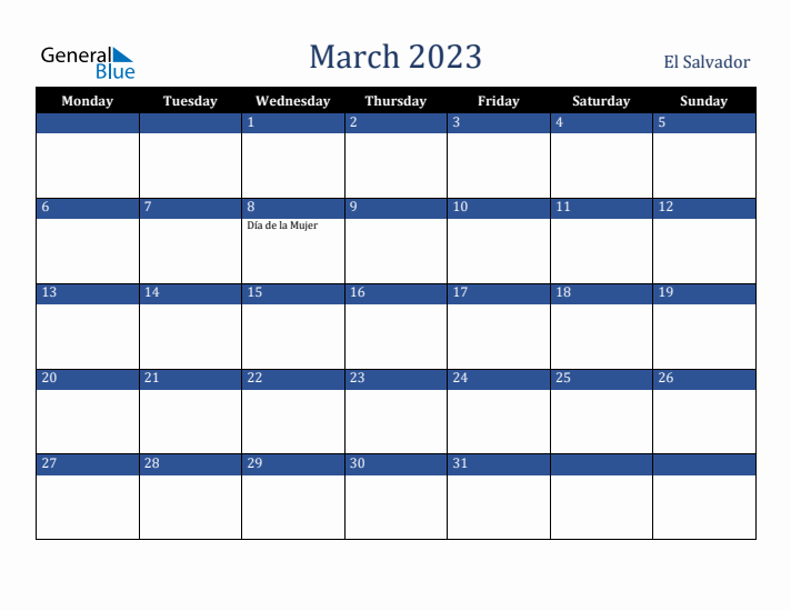 March 2023 El Salvador Calendar (Monday Start)