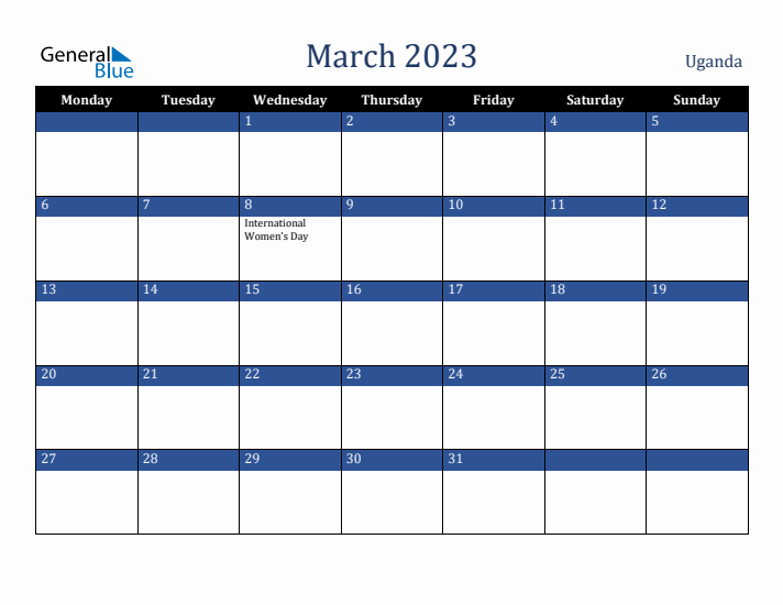March 2023 Uganda Calendar (Monday Start)