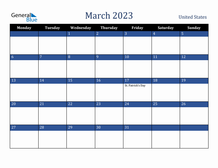March 2023 United States Calendar (Monday Start)