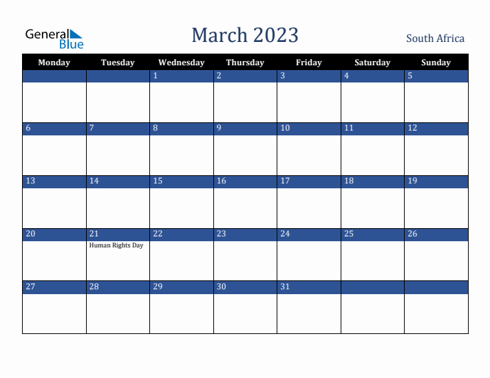 March 2023 South Africa Calendar (Monday Start)